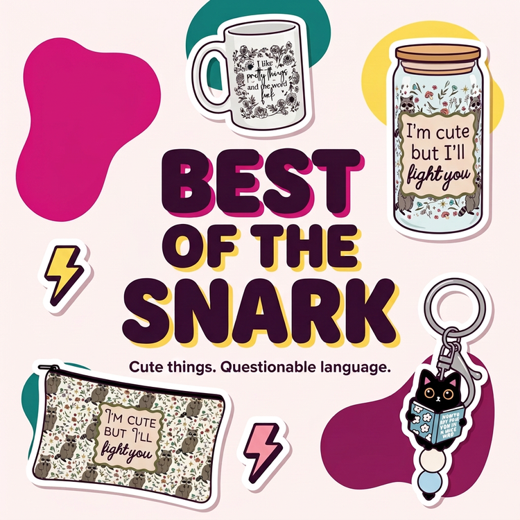 Best of the Snark collection: floral mug, raccoon glass can, zipper pouch and black cat keychain