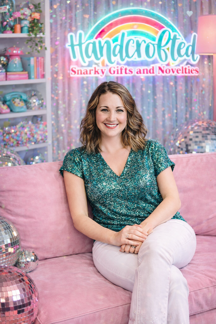 Rebecca, founder of HandCrofted, on a pink sofa surrounded by disco balls