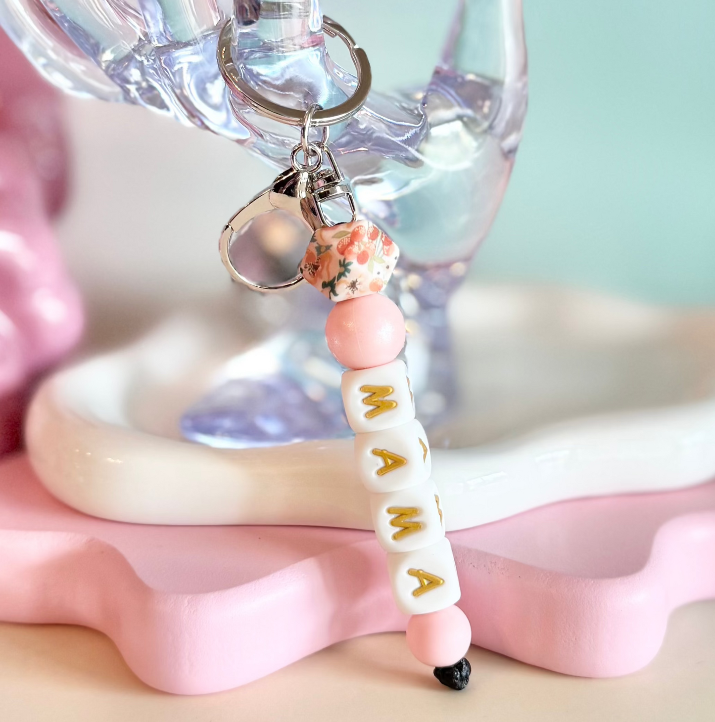 Mama Floral and Gold Keychain